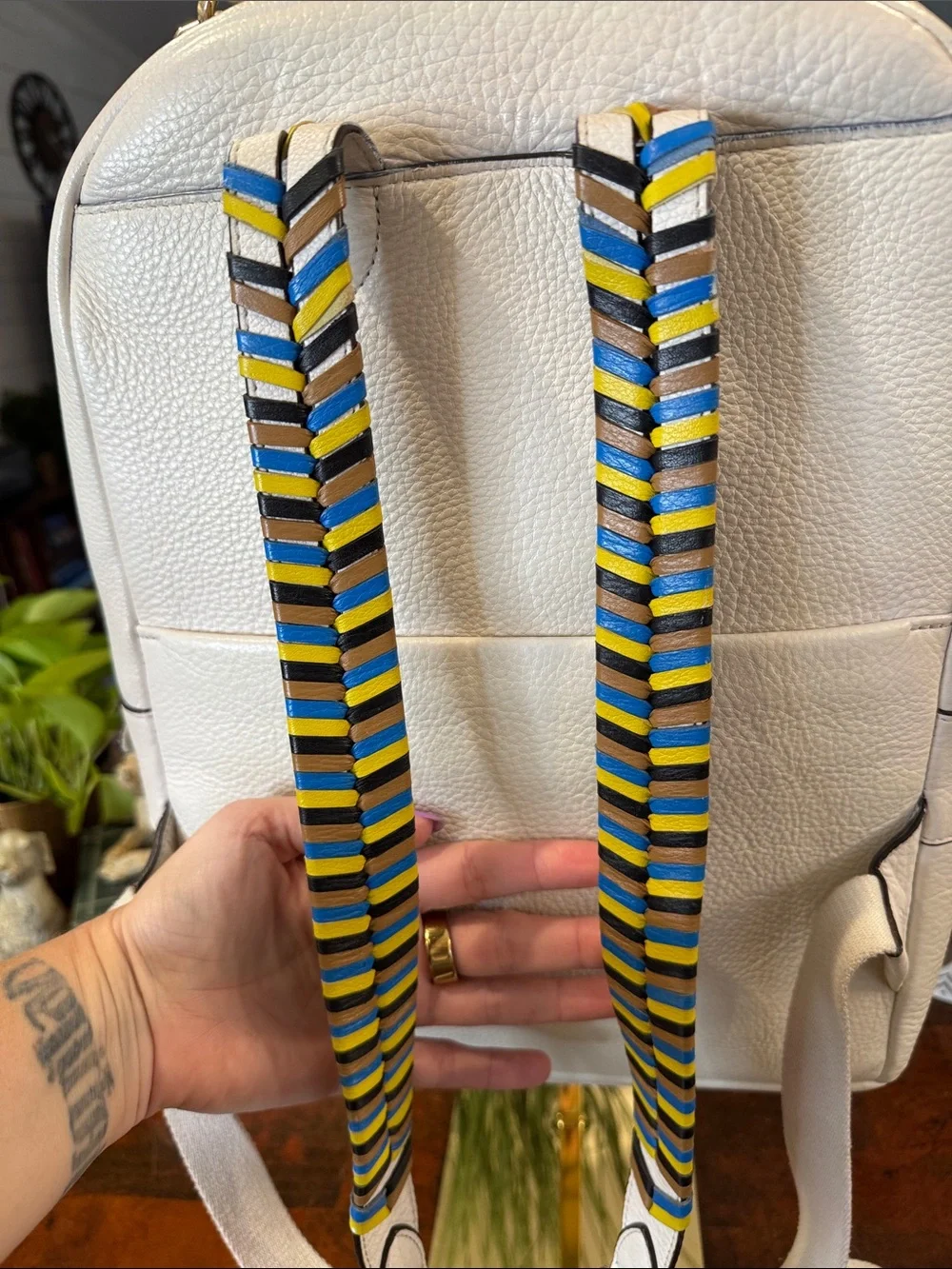 Henri Bendel White Leather Backpack with Multicolor Stitching